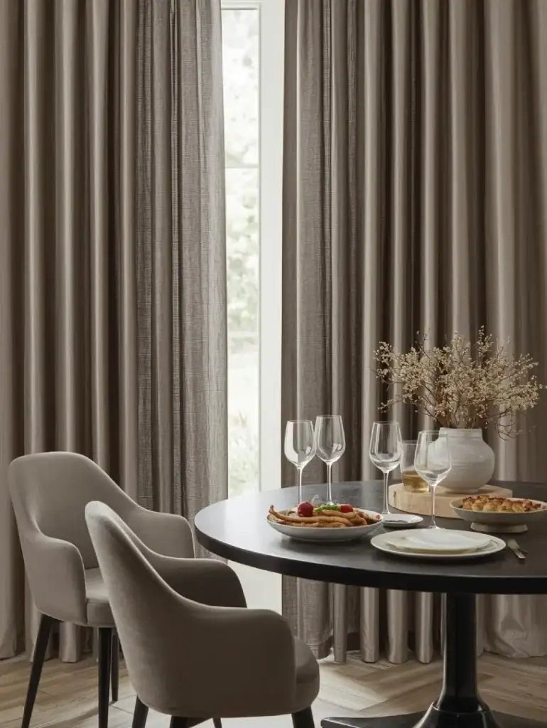 Modern dining space with taupe-colored curtains made of performance fabric, sleek finish with subtle texture, wine glasses and food on the table to suggest stain resistance, clean lines, lifestyle-inspired interior