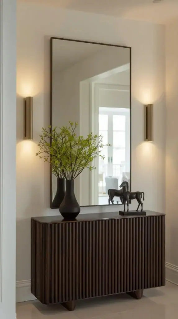 modern entryway with white walls and soft warm lighting, two slim vertical cordless wall sconces