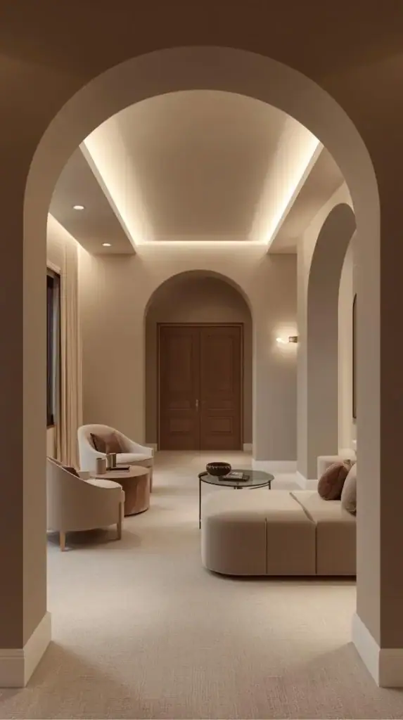 modern living room painted in warm greige, including the ceiling, featuring curved furniture