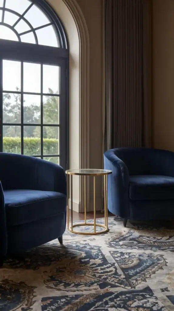 pair of curved deco chairs in navy velvet