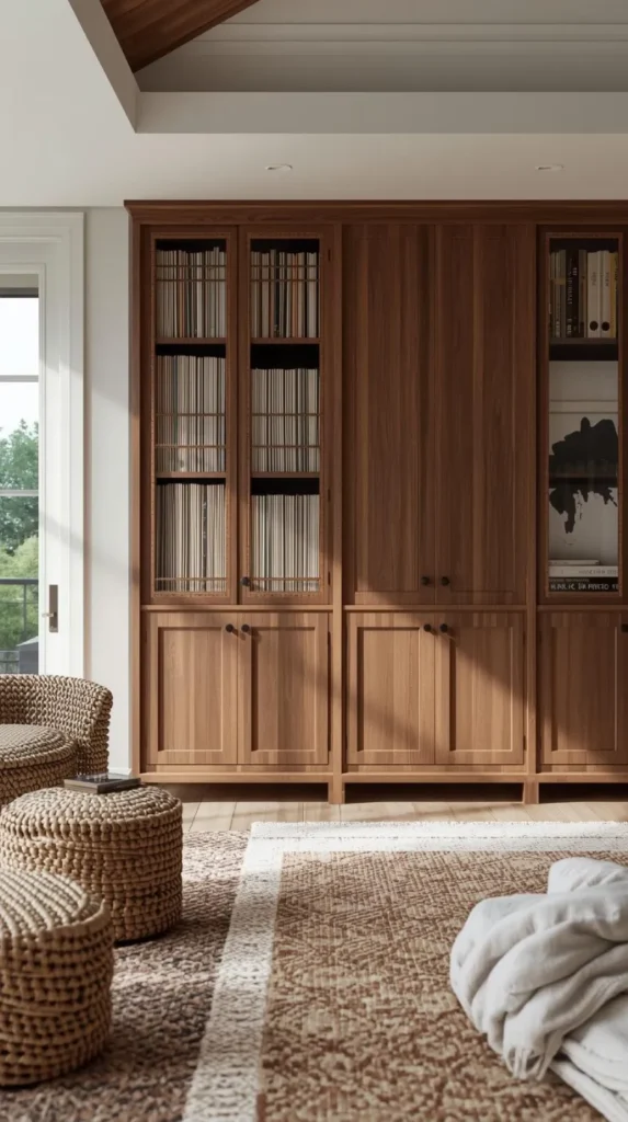 real wood cabinet with customized vinyl compartments in a laid back, coastal inspired room with lots of texture and light.