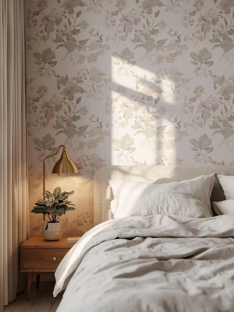 A serene bedroom with calming floral wallpaper in muted tones. Include soft bedding, a warm-glow bedside lamp, and one potted plant.