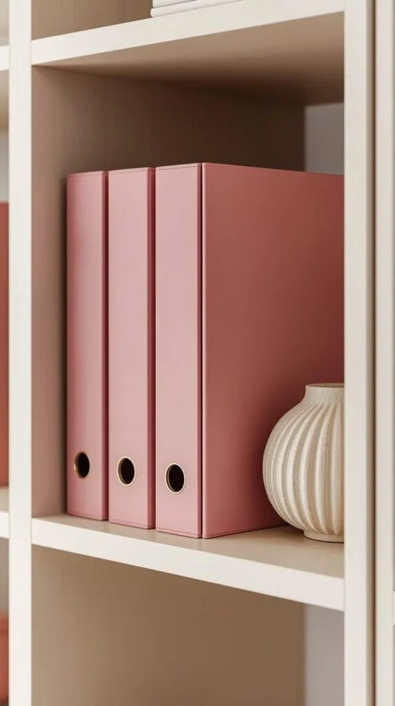 sleek pink magazine files with gold or handwritten labels. (2)