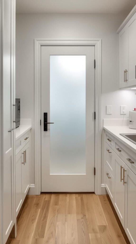 small apartment galley kitchen frosted glass pantry door