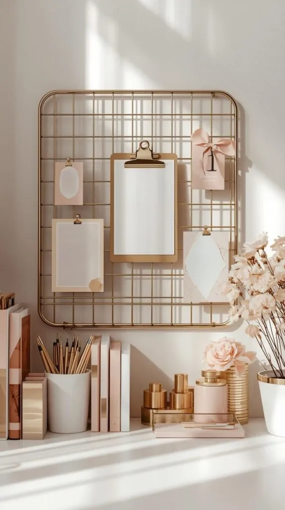 stylish metal grid with hanging clipboard, quote cards, dried flowers, and blush toned office supplies.