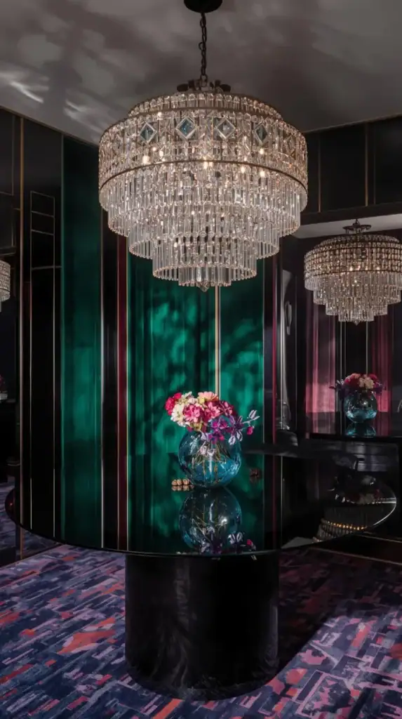 tiered crystal art deco chandelier hanging over a modern dining tables.
