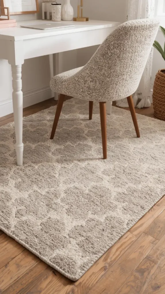 under desk view of a stylish office rug in jute, ivory moroccan print.