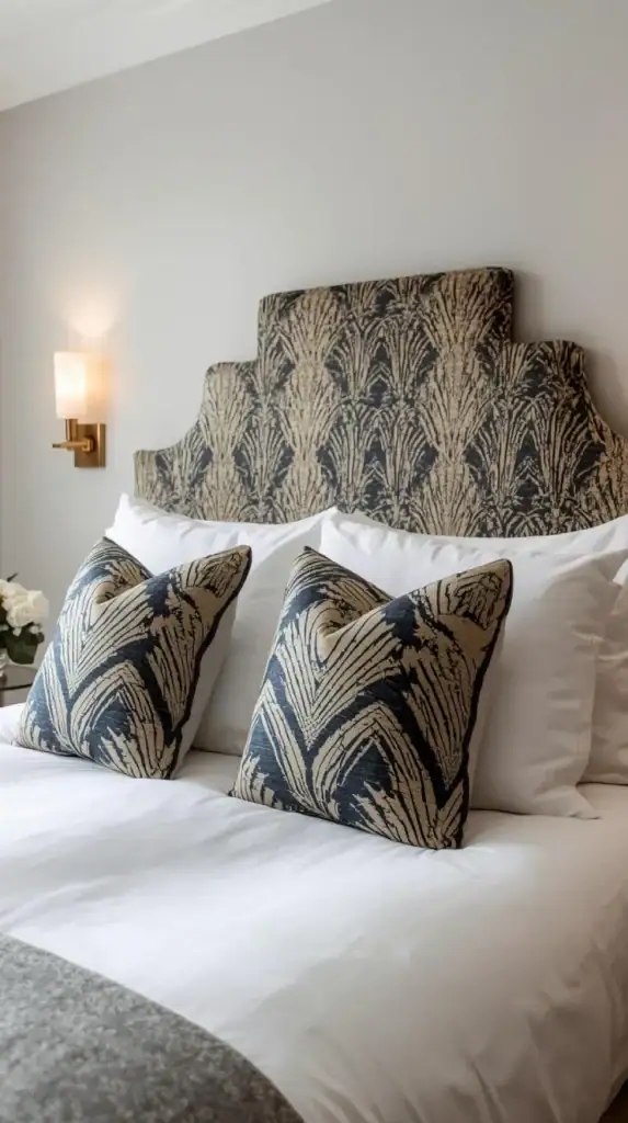 upholstered headboard in art deco print fabric with matching throw pillows