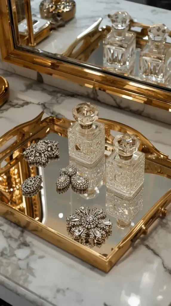 vanity tray with art deco brooches, crystal perfume bottles, and gold mirrored surfaces