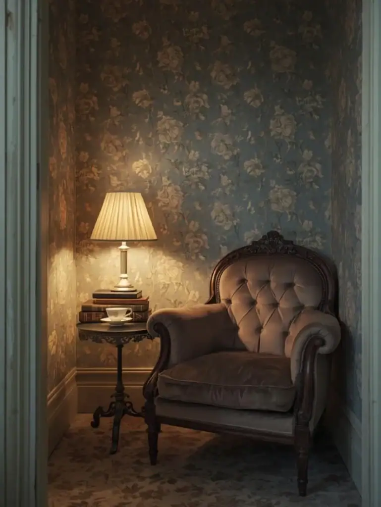 Vintage-inspired reading nook with faded blue floral wallpaper featuring roses and daisies.
