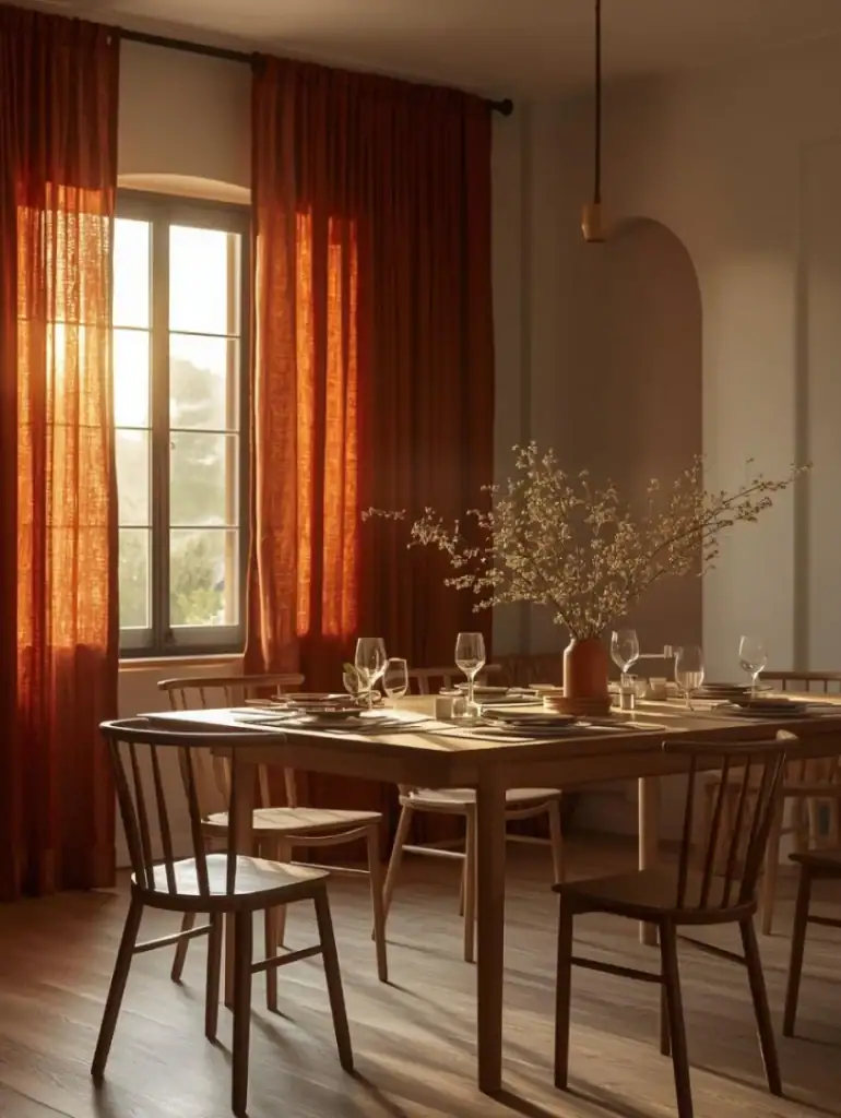 Warm dining space with terracotta curtains against a neutral wall, natural wood dining table with rustic details, earthy tableware, golden-hour sunlight filtering through.