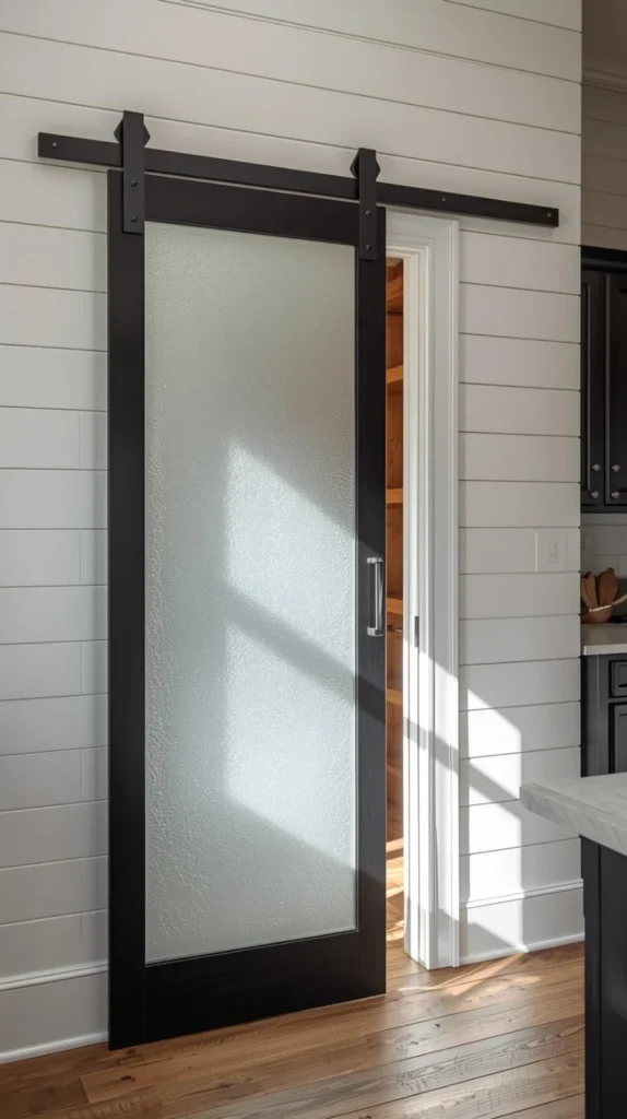 frosted glass barn door on a matte black rail
