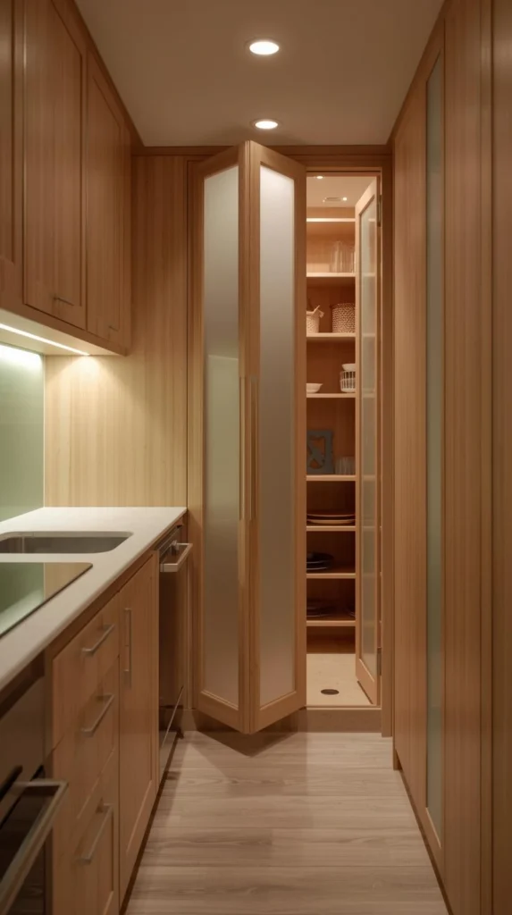 galley kitchen with frosted glass bi fold pantry door
