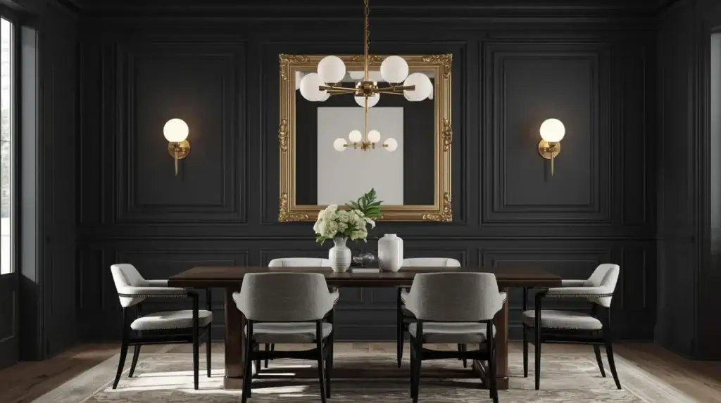 modern dining room with dark charcoal paneled walls, two brass and white cordless wall sconces