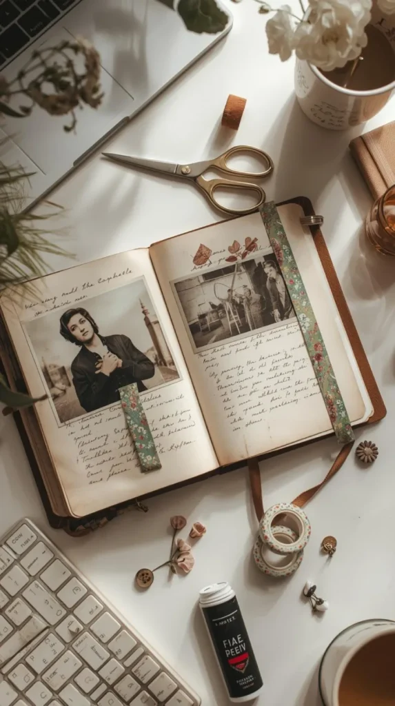 scrapbook on a desk with vintage style photos, handwritten notes
