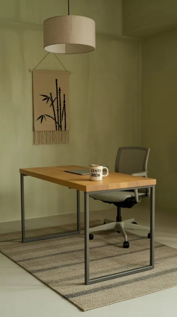 A Japandi-inspired industrial office that balances raw structure with organic warmth. At the center, a slim steel-frame desk with a natural oak top creates a sleek yet approachable work surface. A graphite-toned ergonomic task chair complements the desk, functional but understated. The backdrop features limewashed gray walls, adding soft depth and texture that mellows the industrial edge. A woven wall hanging introduces handmade tactility, contrasting with the steel lines. On the floor, a flatweave wool rug in muted tones grounds the space with subtle softness. Overhead, a linen drum pendant casts diffused, ambient light, softening the atmosphere and creating warmth. The palette blends graphite, oak, and soft neutrals, achieving a workspace that feels modern, functional, and inviting while maintaining Japandi calm.