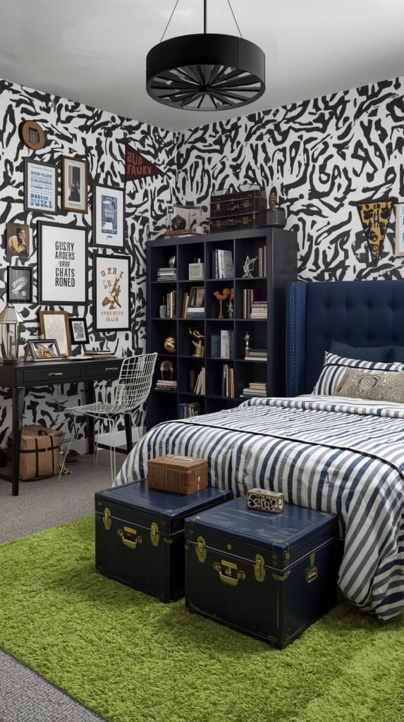 A bold and stylish teen boy’s bedroom featuring dramatic black and white vertical striped walls for a graphic statement. The bed has an olive green upholstered headboard and is dressed in layered blue, gray, and white striped bedding. At the foot of the bed, stacked navy blue vintage trunks with brass details serve as a creative storage solution or bench. A bright green area rug adds a pop of color and contrast to the dark palette. On one wall, a navy blue cubby bookshelf displays books, trophies, sports memorabilia, and framed art. Above the shelf and throughout the room, a gallery wall features framed prints, sports pennants, and eclectic artwork. The study area includes a geometric black and white desk with a modern wire chair, while a matte black chandelier adds an edgy, sophisticated touch. The overall style is modern, masculine, and playful—perfect for a preteen or teen boy’s room.