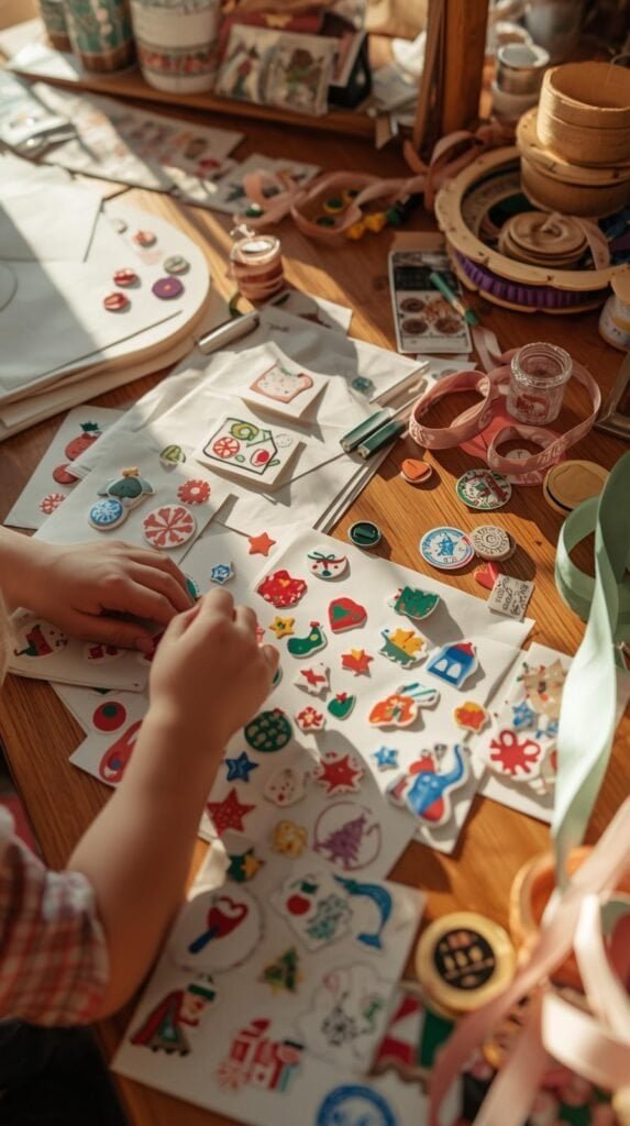 A child’s hands decorating handmade Christmas cards with stickers, paint, and stamps. Table covered in colorful supplies, envelopes, and ribbon rolls. Soft afternoon lighting
