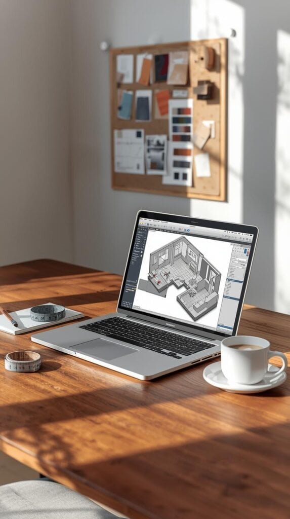 A laptop on a wooden desk displaying a 3D room layout software screen. A measuring tape, notepad, and coffee cup nearby.