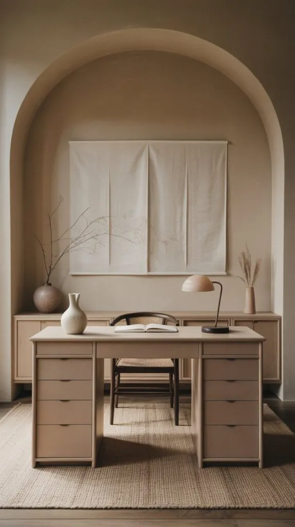 A minimalist Japandi-inspired home office designed in calming monochrome sand and oat tones, emphasizing function and serenity. A sand-lacquer desk with flush drawers creates a sleek, clutter-free work surface, paired with a matching credenza featuring push-latch doors that discreetly hide files and supplies. Above the desk, rice paper wall art introduces a subtle organic pattern, adding quiet visual interest without distraction. An oatmeal wool loop-pile rug grounds the space with warmth and texture underfoot. A bone-colored task lamp sits on the desk, blending seamlessly into the tonal scheme, while a sculptural ceramic carafe rests nearby, adding a sense of mindfulness and ritual. The plaster-toned walls and soft filtered light complete the cohesive palette. The overall atmosphere is calm, balanced, and clutter-free—layered neutrals proving that minimalism can still feel rich and intentional.