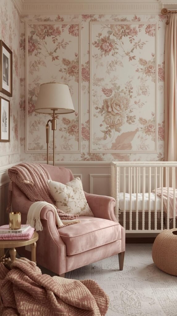 A romantic vintage nursery with floral wallpaper, spindle crib, blush velvet chair, and muted cream tones; antique gold accents and layered textiles create a timeless look.