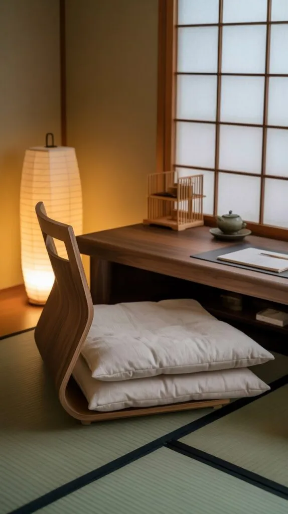 A serene Japandi-inspired workspace designed around traditional Japanese floor seating, creating a grounded and mindful atmosphere. At the center sits a low walnut writing table, compact yet sturdy, ideal for journaling, sketching, or laptop work. The floor is defined by modular tatami mats, adding warmth and organic texture. A zaisu floor chair with no legs but full back support sits at the table, paired with layered cotton zabuton cushions for added comfort. A bamboo desk organizer keeps essentials neatly arranged, while a ceramic tea set rests nearby, inviting daily ritual and mindfulness. Soft lighting is provided by a rice paper floor lamp, pooling a warm glow across the space. A shoji screen divider frames the area, allowing flexibility while maintaining flow. The palette is calm and natural—walnut wood, muted neutrals, and tactile textures—blending Japanese tradition with Japandi minimalism to create a workspace that doubles as a calming retreat.