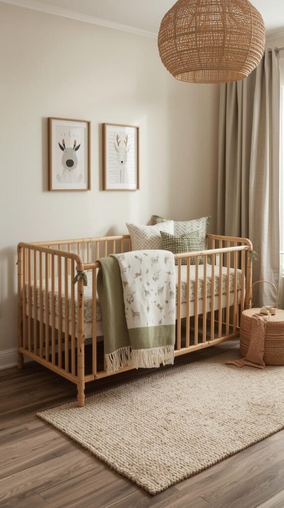 A woodland-inspired baby nursery with birch wood crib, animal prints, olive-green accents, and cozy cotton fabrics; neutral cream walls and natural wood textures.