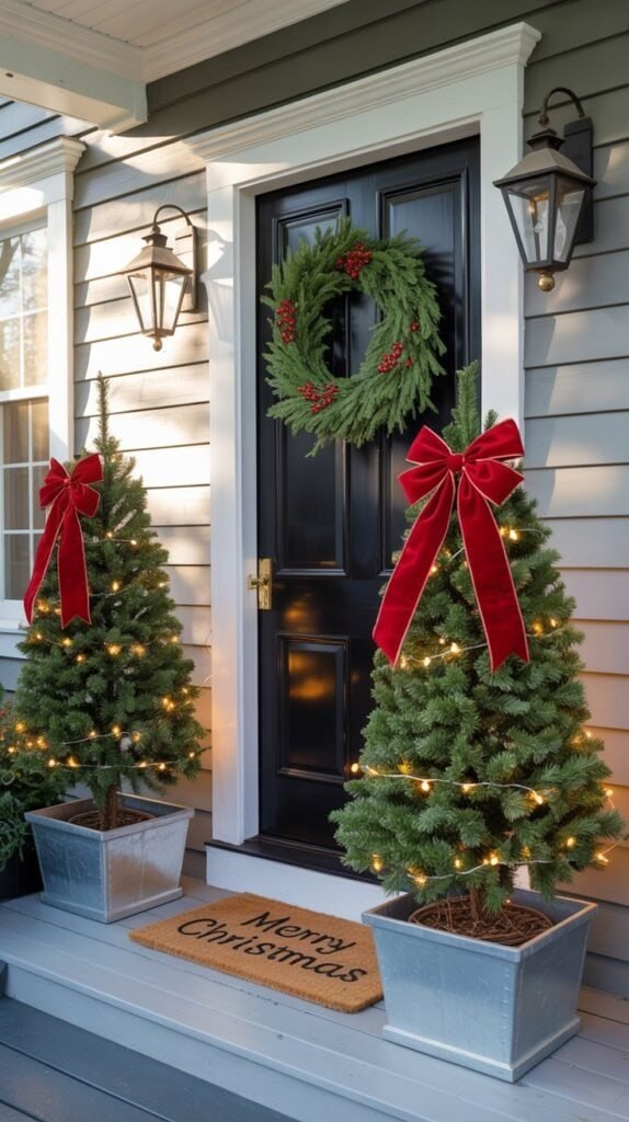 Charming Christmas front porch decorated with natural, rustic holiday style. Two potted evergreen topiary trees flank a black front door — one wrapped in warm white string lights and topped with a large red velvet bow, the other adorned with dried orange slice garland, wooden beads, and jute twine. A simple evergreen wreath with orange slices and berries hangs on the door. The house exterior is painted light gray with white trim and classic black lantern sconces. A natural coir doormat rests on the porch steps, bathed in soft golden afternoon light, creating a cozy and inviting festive atmosphere.