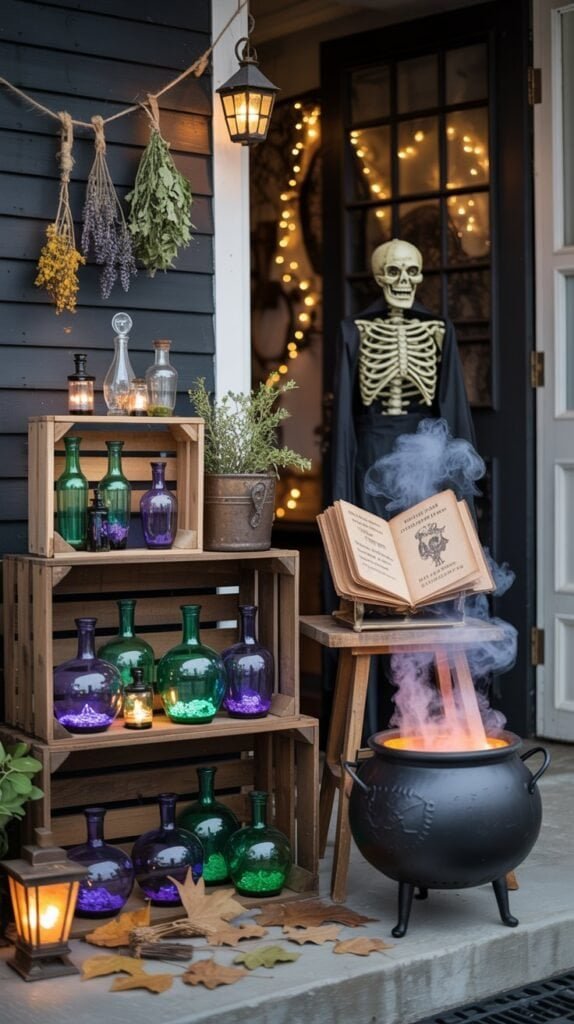 Cinematic Halloween front porch styled with a themed vignette that feels immersive and story-driven. Choose a scene—either a witch’s apothecary, haunted library, or pumpkin patch market.For a Witch’s Apothecary stacked wooden crates display glass potion bottles with glowing liquids, dried herbs hanging from twine, a vintage spellbook propped open, and a bubbling black cauldron as the centerpiece.For a Haunted Library weathered books stacked on a crate, brass candlesticks with flickering candles, a few cobwebs, and a black raven perched on top of an open tome.For a Pumpkin Market rustic bushel baskets filled with assorted pumpkins and gourds, a chalkboard “Fresh Pumpkins” sign, plaid blankets folded nearby, and a few hay bales for texture.Each vignette sits on a layered rug or textured mat for grounding, lit by lanterns or string lights for warmth. Add one bold hero element—like a life-size skeleton shopkeeper or cauldron—to set the scene, then sprinkle small details like fallen leaves, cobwebs, or fairy lights to bring it to life. The overall look is creative, cohesive, and perfectly balanced between charming and cinematic.