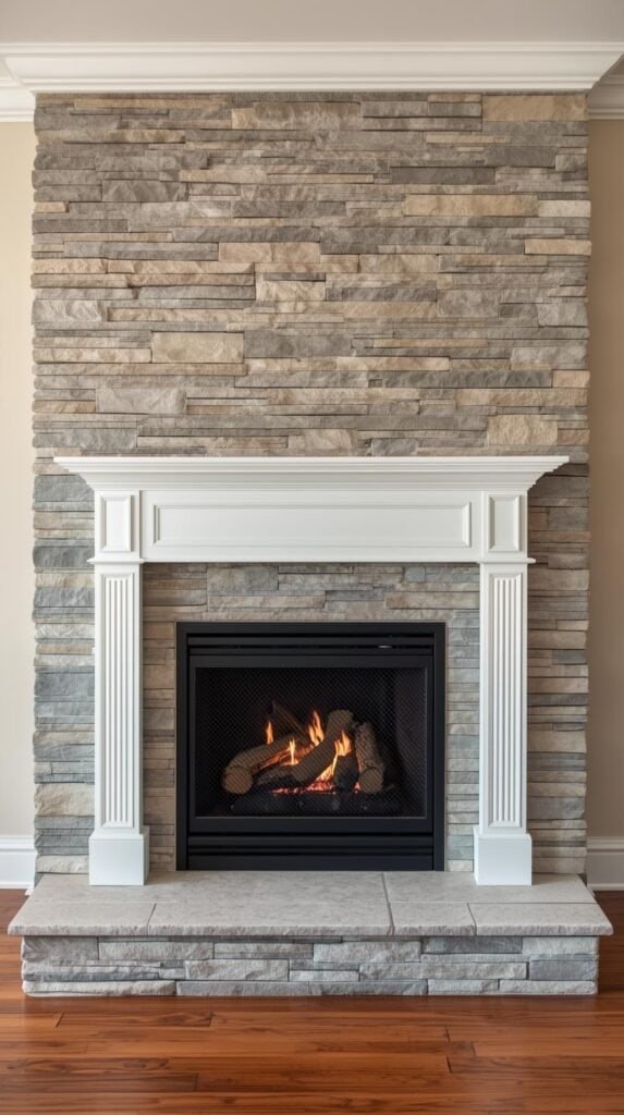 A clean, classic fireplace with a rustic stone surround and crisp white wood mantel. The stone features natural gray and beige tones, giving it a textured, earthy appearance that contrasts beautifully with the smooth white trim. The mantel has traditional molding and panel detailing, adding architectural elegance. The fireplace opening is black with a mesh screen and glowing logs inside, creating a cozy focal point. The surrounding space has neutral beige walls and warm wood flooring, providing a perfect blank canvas for seasonal or holiday mantel decor inspiration.