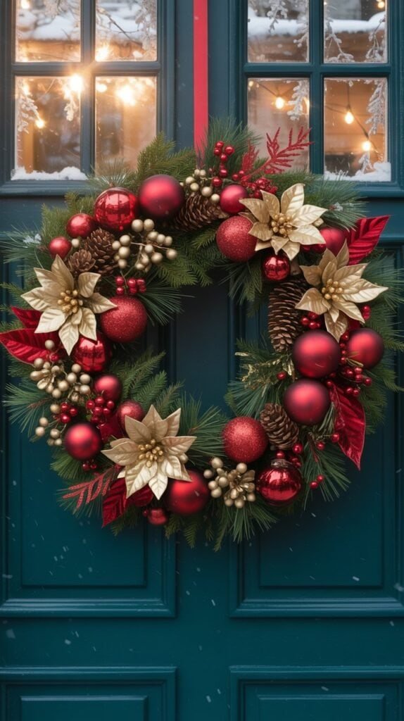 Elegant Christmas front porch ideas wreath hanging on a dark front door, featuring a luxurious mix of deep red and gold decorations. The wreath is lush and full, made of evergreen pine branches adorned with large matte and glossy red ornaments, metallic gold poinsettias, pinecones, and clusters of gold berries. Red velvet leaves and subtle glittering accents add texture and festive shine. The color palette combines rich crimson, deep green, and metallic gold for a classic holiday look. The lighting is warm and natural, enhancing the wreath’s elegant holiday glow and making it the perfect front door decor for Christmas.