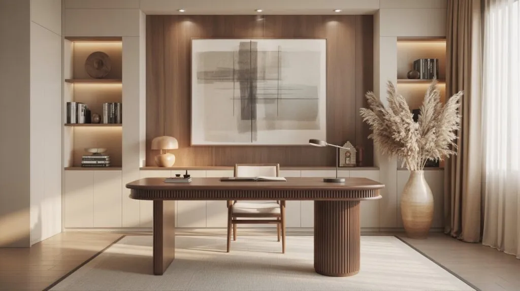 Minimalist modern japandi home office with warm neutral tones and sophisticated design. A sleek, sculptural wooden desk with fluted panel details and a cylindrical leg takes center stage, paired with a simple beige upholstered chair. Behind the desk, a wood-paneled accent wall features a large abstract framed artwork in geometric shapes. Built-in shelving with warm recessed lighting displays books and decorative objects. On the right, tall beige curtains filter natural light through large windows, softening the atmosphere. A tall ceramic vase filled with dried pampas grass adds organic texture to the space. The palette is composed of warm beige, soft browns, and natural wood tones, creating a serene and refined workspace.