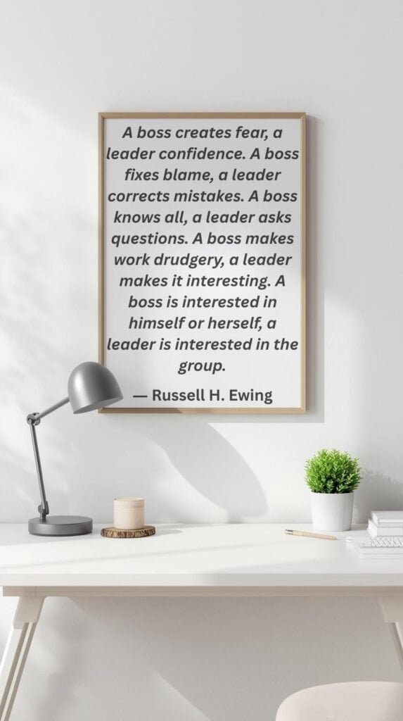 A framed motivational quote on a white wall above a tidy desk with minimalist decor and plants.