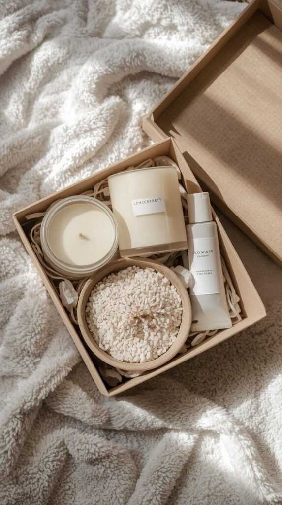 A spa-inspired flat lay of candles, bath salts, and hand cream arranged in a neutral-toned gift box with a soft towel background.