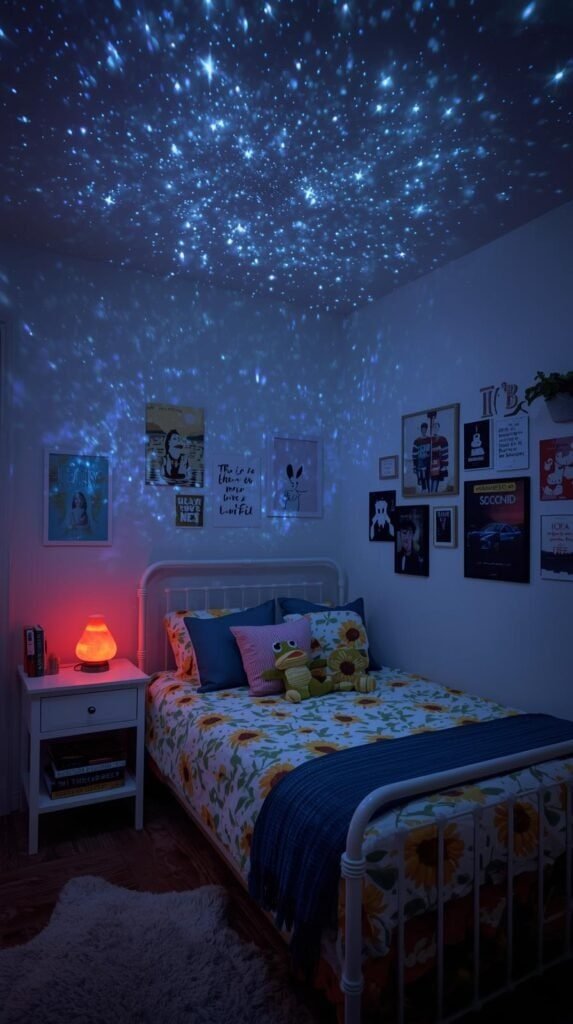 Whimsical teen bedroom bathed in galaxy projector lights that cast thousands of tiny blue stars across the ceiling and walls, creating a dreamy night-sky effect. The space features a vintage-style white metal bed frame with sunflower-patterned bedding and blue accent pillows, including a cute French bulldog pillow wearing glasses and a plush frog cushion. A small white nightstand holds a red lava lamp, books, and cozy decor. The walls display a mix of inspirational and colorful artwork, while soft ambient lighting enhances the cozy, creative vibe. The room feels playful, relaxing, and filled with personality — perfect for a teen who loves stargazing and self-expression.