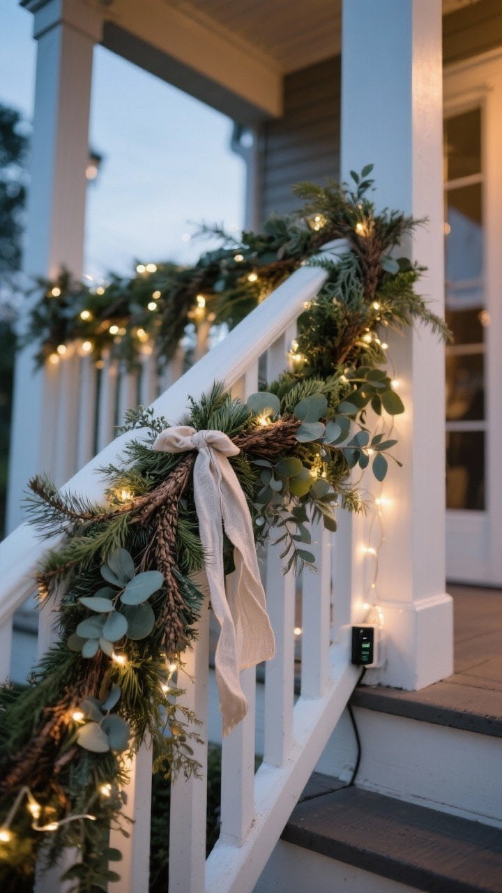 Angled detail shot of porch railings wrapped in lush mixed garland: cedar intertwined with eucalyptus for varied texture, woven with warm white micro fairy lights and a trailing ribbon; asymmetrical styling with a heavier drape on one side; battery pack discreetly tucked; twilight lighting to show soft, cozy glow along the railing.