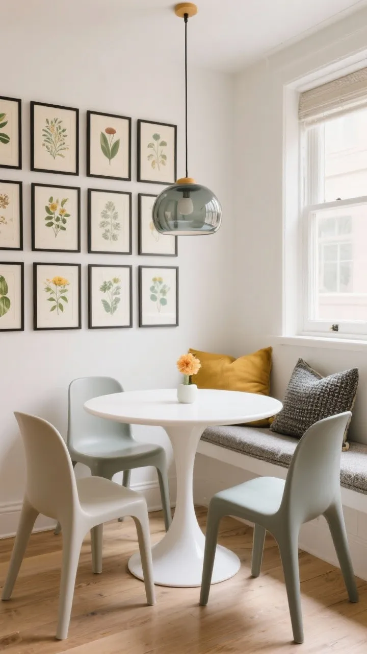 Corner medium shot of a playful dining nook: a white round pedestal tulip table surrounded by molded plastic chairs in pebble tones—stone, dove, and fog—against a warm white wall. A smoked glass globe pendant overhead. On the wall, a grid of vintage botanical prints in thin black frames. Bench/window ledge layered with textured pillows in mustard and slate. Cheerful yet refined, photorealistic.