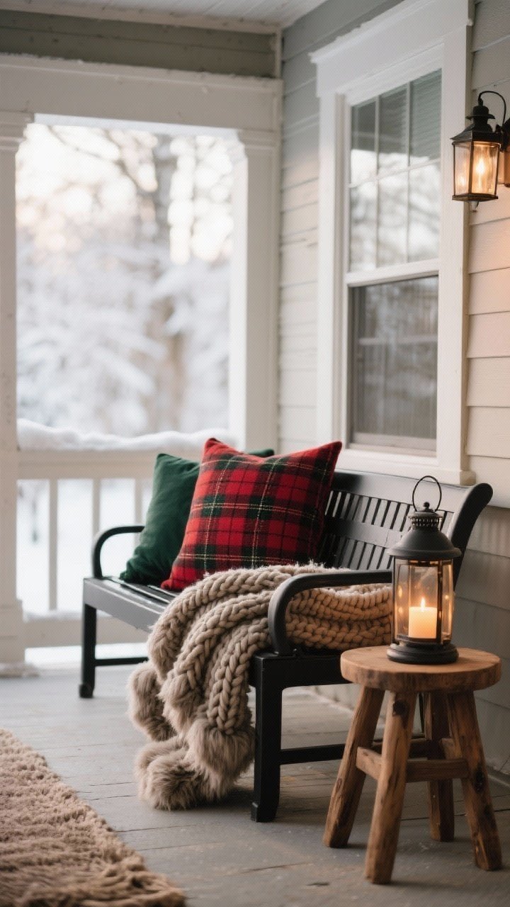 Cozy seating vignette on a covered porch: a weather-resistant black metal bench with an outdoor-safe chunky knit throw, a plaid pillow in red and deep green, and a small wooden stool serving as a side table holding a lantern with a flameless candle; textures of faux fur, knit, and plaid clearly visible; soft diffused daylight for a snug winter-cabin vibe.
