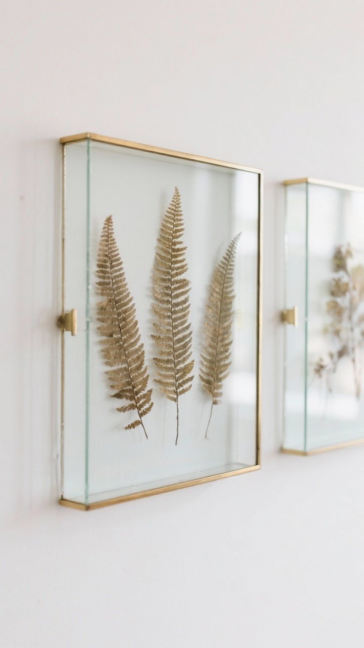 Detail closeup of pressed botanicals in floating glass frames: trio of oversized fern fronds arranged with generous negative space, mounted between two panes of glass with thin brass edges; leaves flattened with crisp veins visible, slight color retention suggesting desiccant use; minimalist wall in soft white; clean, scientific-specimen feel; subtle reflections and rim light on glass edges; composition leaves breathing room around each leaf, elegant and organic.