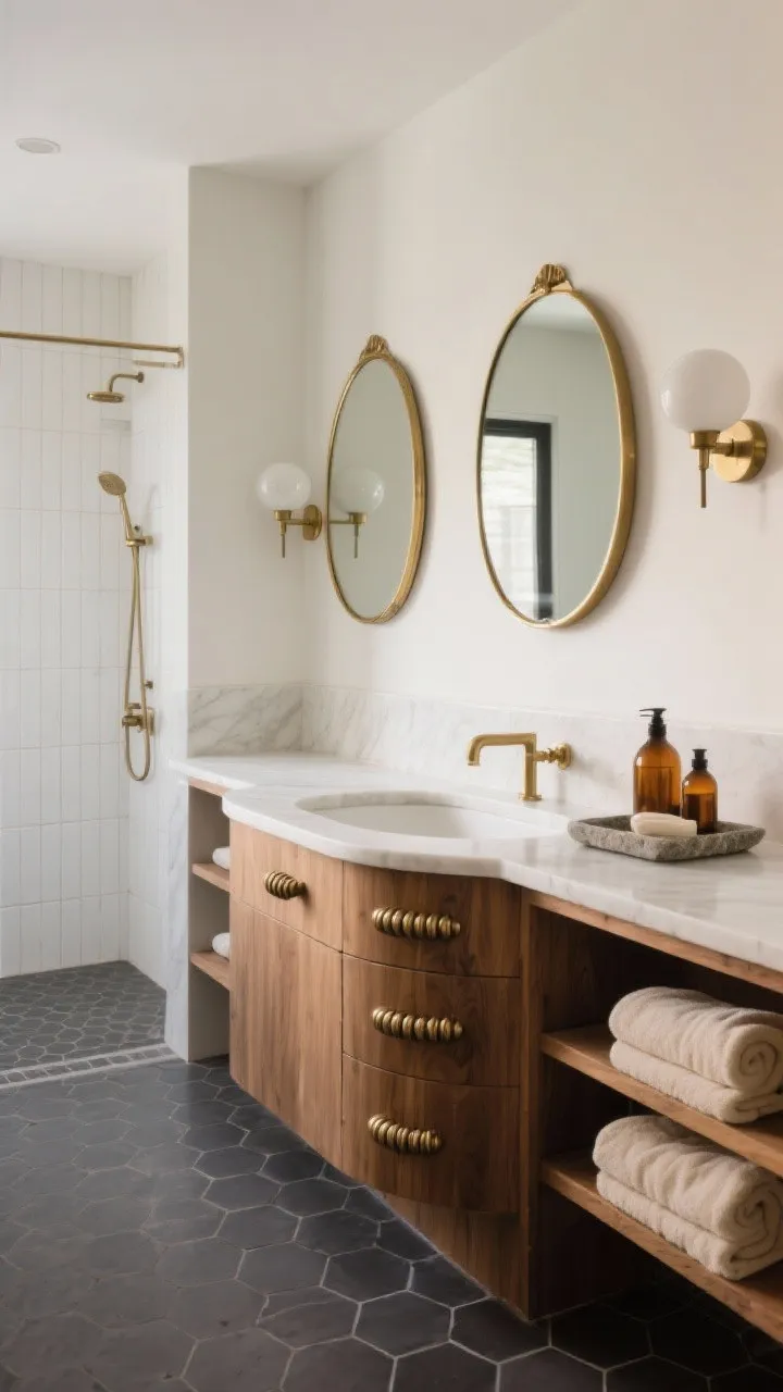 Detail-to-medium bathroom scene, spa-calm: warm oak vanity with knurled brass pulls and a rounded-edge quartz top. Above, twin oval brass-framed mirrors with globe sconces on either side. Floor tiled in matte charcoal hex; shower clad in vertical white zellige. Open shelves hold rolled ecru towels; a stone tray with amber bottles sits on the counter. Soft, serene lighting, photorealistic.