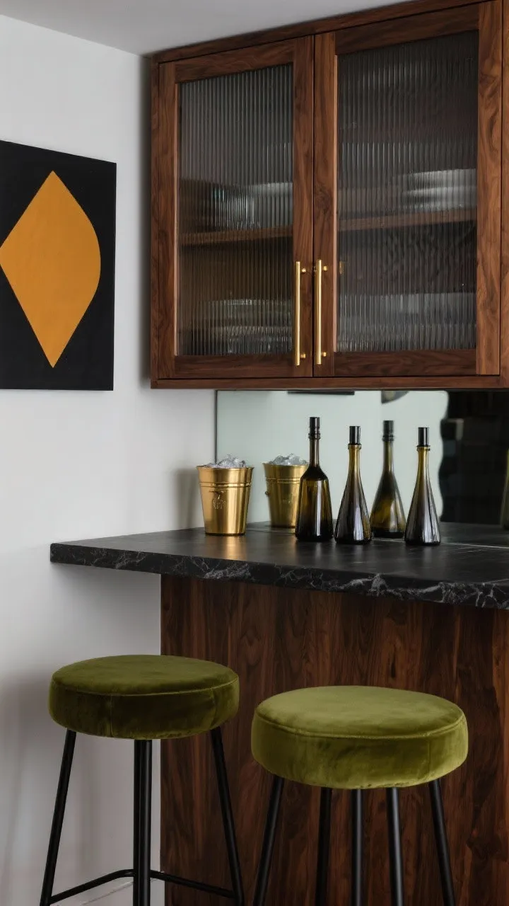 Medium bar vignette, sophisticated and compact: a walnut wall cabinet with ribbed glass doors and slim brass pulls mounted above a floating black stone counter. Two olive green velvet stools with black metal frames. A smoked mirror backsplash reflects a set of angular decanters. Accents include a graphic print in ochre and black and a mini brass ice bucket for sparkle. Moody yet polished, photorealistic.