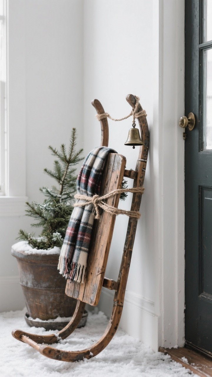 Medium corner-angle shot of a vintage wooden sled leaning by the door: tied with twine and a sprig of evergreen, a plaid scarf draped casually, and a single antique bell; the sled is partially anchored behind a planter to suggest stability; background kept simple to avoid over-accessorizing; cool winter daylight emphasizing patina and weathered wood texture.