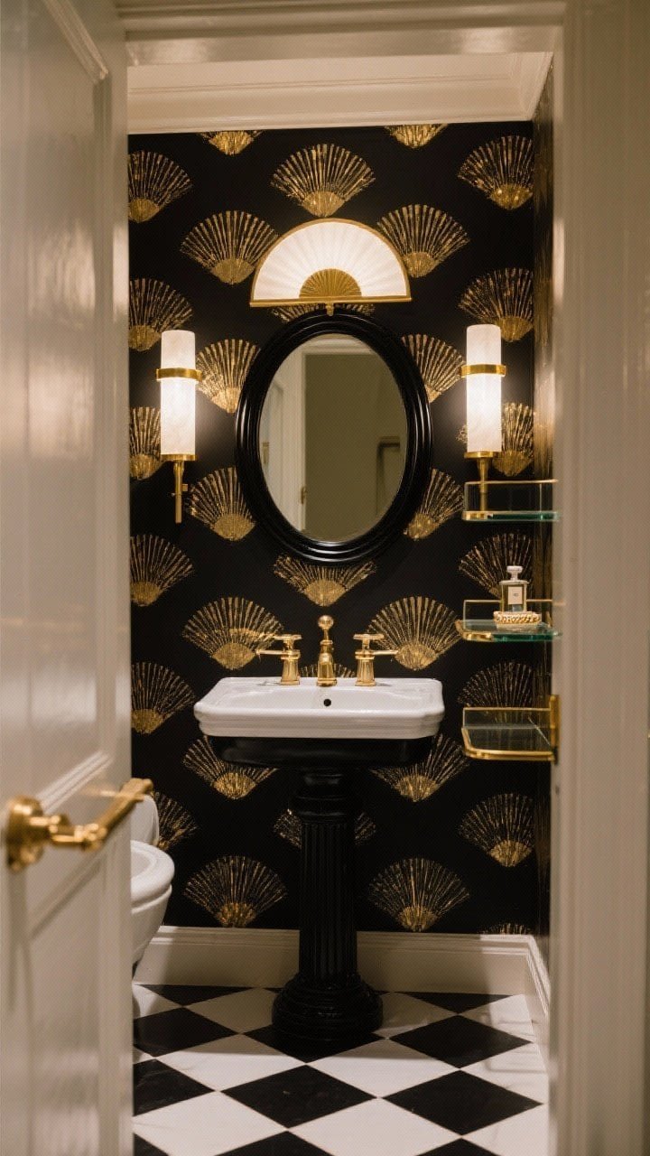 Medium detail from doorway: Jazz Age powder room lined with black and metallic gold fan-pattern wallpaper. Half-dome alabaster sconces with thin gold bands flank a round black-framed mirror above a pedestal sink. Black-and-white hex tile floor anchors the small space. Gold-trimmed glass shelves with a petite perfume tray add speakeasy charm. Warm, intimate lighting, photorealistic.