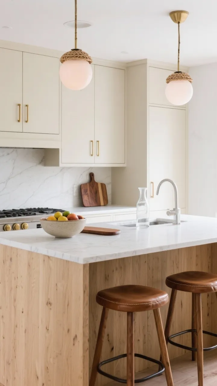 Medium kitchen scene, matte cream cabinetry with slim brass pulls, white quartz countertops with a pencil edge. The island features a light teak panel for warmth. Overhead, opalescent globe pendants illuminate woven leather bar stools with tapered wood legs. Styled accessories: a ceramic fruit bowl, a walnut cutting board, and a simple glass carafe. Bright, clean, subtly retro, photorealistic.