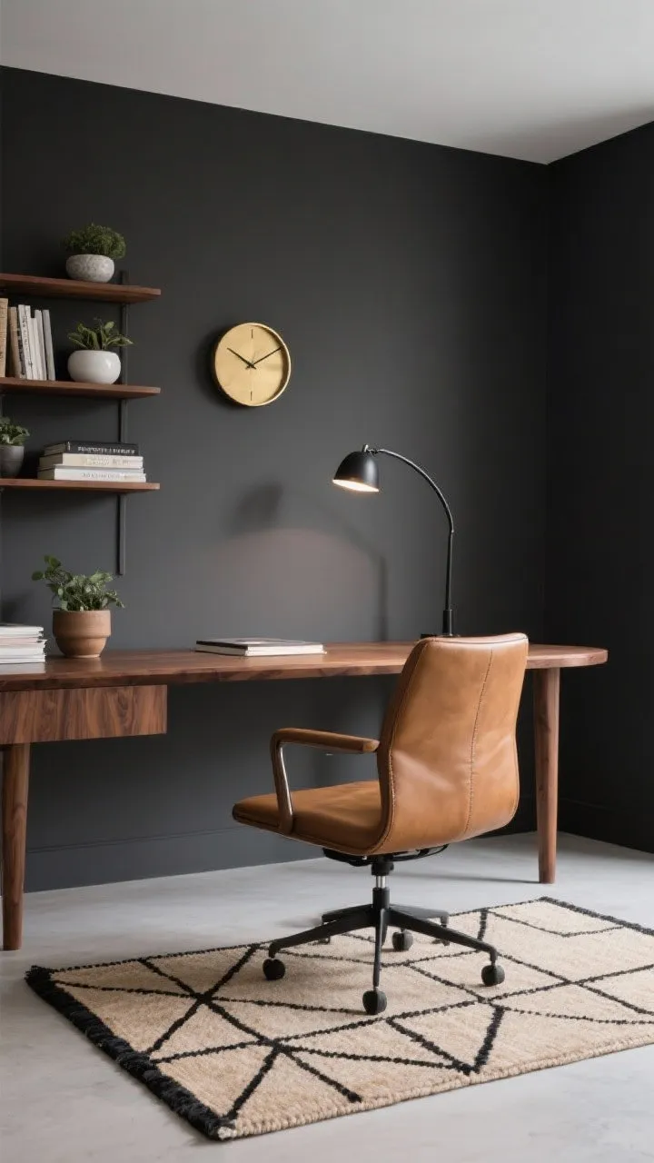 Medium office view, deep graphite walls with a floating walnut desk featuring rounded corners. A camel leather swivel chair faces the desk, lit by a slim arc lamp. Open walnut shelves display porcelain planters and stacked books. On the floor, a geometric flatweave rug in sand and black. A round brass clock on the wall and a matte black task light on the desk. Focused, crisp ambiance, photorealistic.