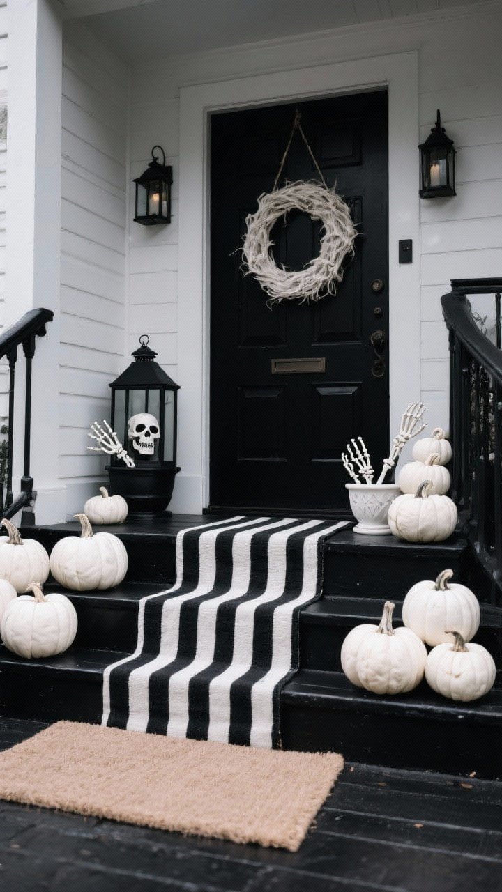 Medium shot focusing on a moody black-and-bone palette: matte black lanterns on black-painted steps, clusters of white and bone-colored pumpkins, a striped black-and-white runner layered under a neutral doormat, and bone details like a skull planter and skeleton hands peeking from a bleached wreath on a black door; overcast lighting for polished, creepy elegance.