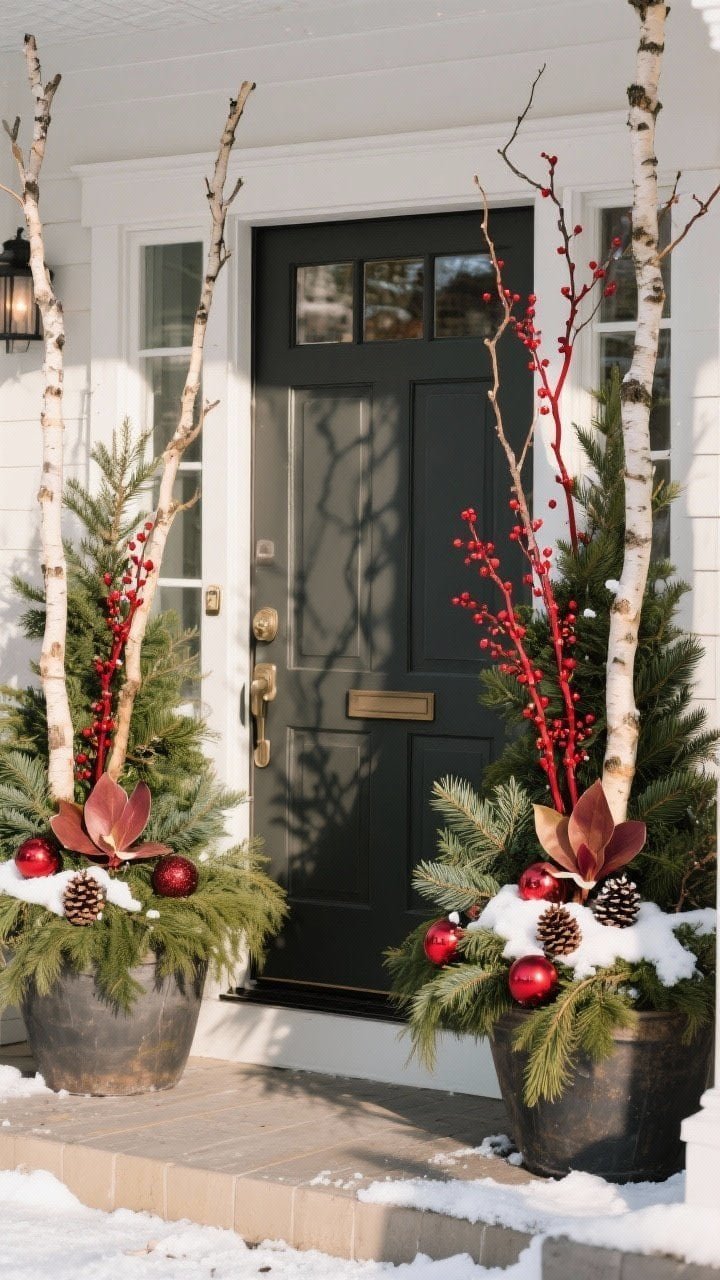 Medium shot of a front door flanked by two festive winter planters: full bases of cedar, juniper, and pine, with tall birch branches and red dogwood sticks for height; accents of glossy magnolia leaves, faux red berries, and a few snow-dusted pinecones; a small handful of matte shatterproof ornaments subtly tucked in; natural daylight with crisp shadows, rich evergreen textures front and center.
