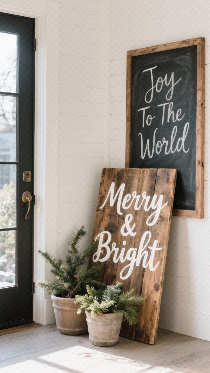 Medium shot of a holiday sign setup: a rustic wooden “Merry & Bright” board leaning next to planters, sized proportionally to the door; alternative option includes a chalkboard on a side wall with hand-lettered “Joy To The World”; natural wood tones, crisp white lettering, and subtle greenery accents; balanced composition, soft daylight.