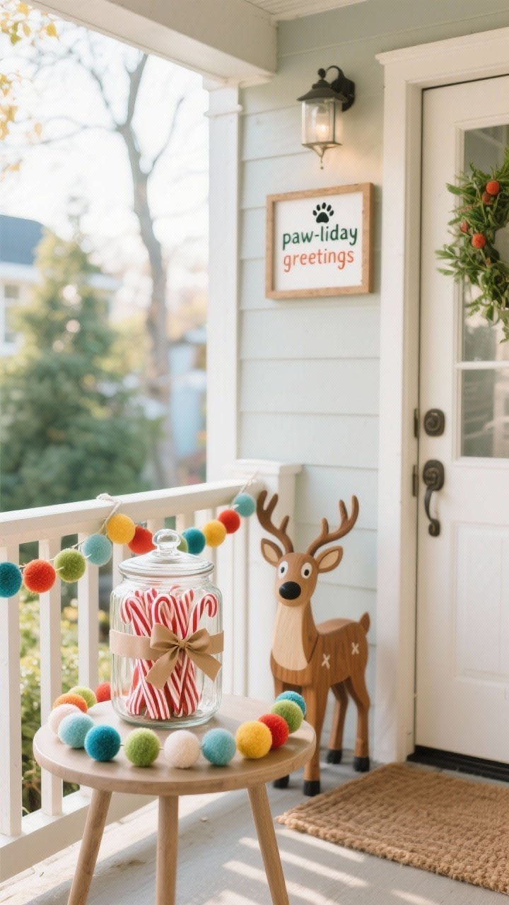 Medium shot of a playful, family-friendly porch corner: a lidded glass jar filled with candy canes on a small table with a ribbon-tied label, a felt ball garland draped along the railing, and a cute wooden reindeer statue by the door; a framed “paw-liday greetings” sign from the family pet placed safely above reach; no toxic plants, sturdy decor; cheerful, bright daylight.
