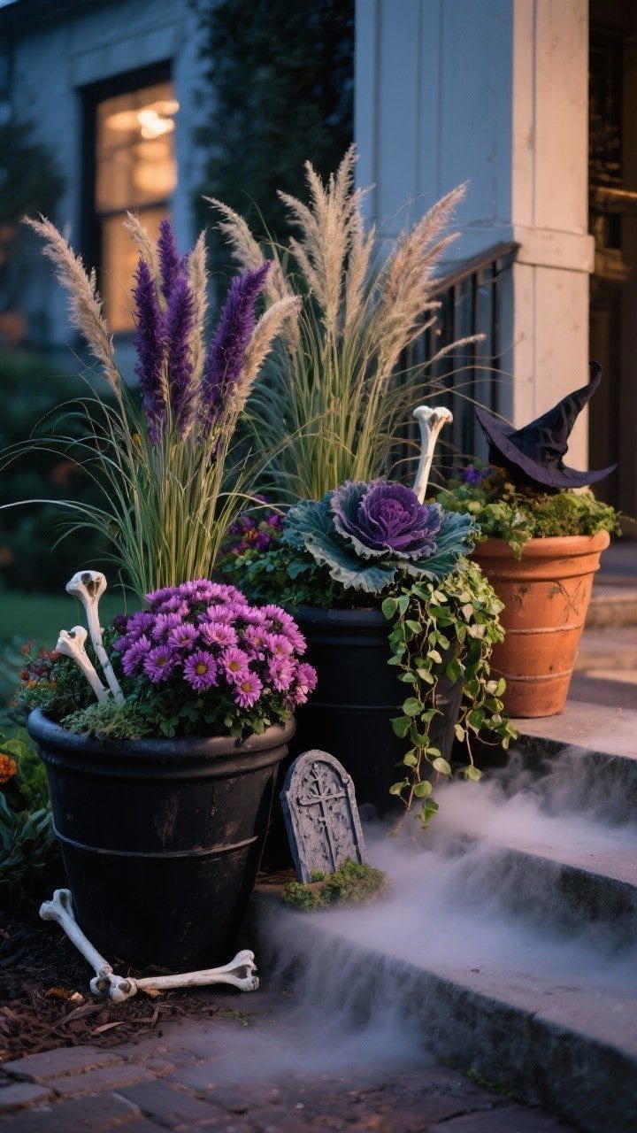 Medium shot of witchy planters: grouped seasonal containers featuring thriller-filler-spiller planting—tall ornamental grasses (thriller), rich purple mums and ornamental kale (filler), and trailing ivy/creeping jenny (spiller); black pots and aged terracotta for moody texture; subtle faux bone picks and a mini tombstone tucked in; a small ground fogger creating mist rolling over the steps at twilight.